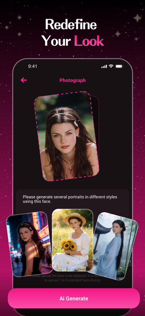 StyleMe: AI Photo & Video - StyleMe app screen showing a face photo transformed into various artistic portrait styles via AI