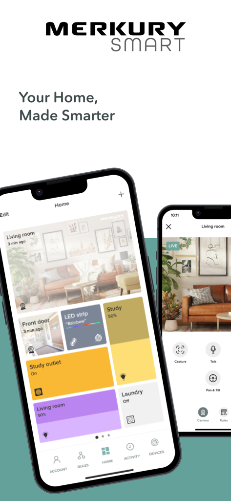 The Merkury Smart app dashboard displaying various home automation controls and a live camera feed on two smartphones