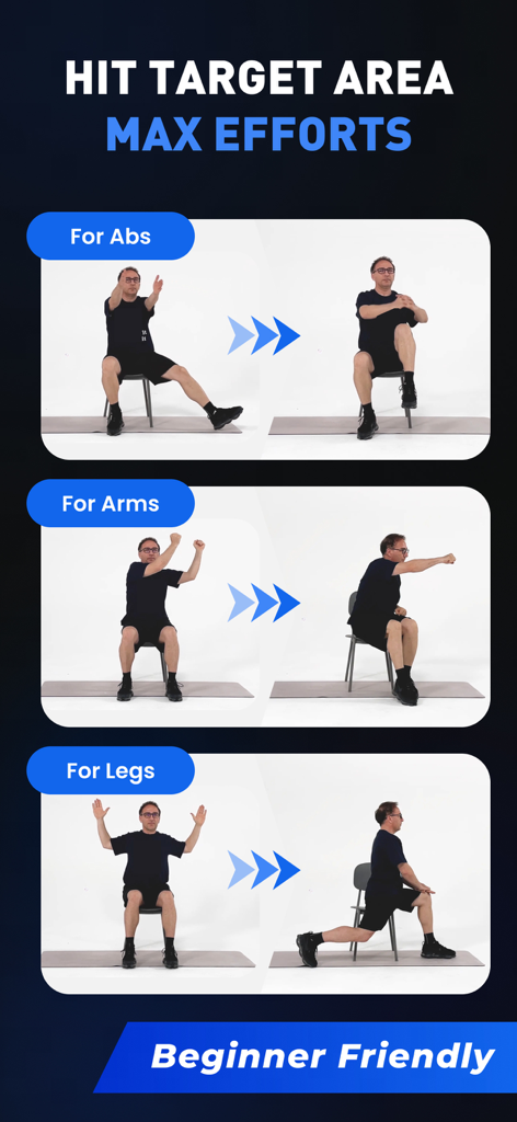 Chair Workout for Men~Easy Fit - Demostración de ejercicios basados en silla para abdominales, brazos y piernas diseñados para hombres mayores.