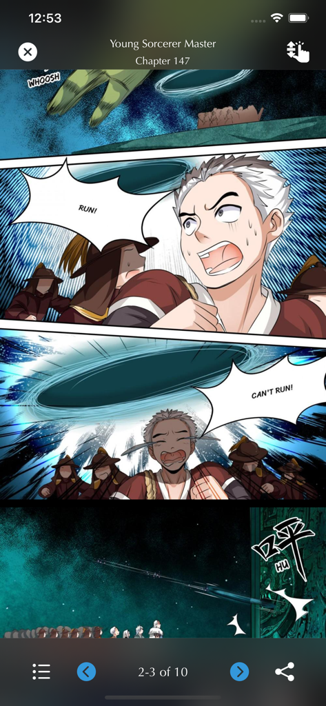 MangaNelo - Rock Manga Pro - MangaNelo app interface displaying an action scene from the manga Young Sorcerer Master