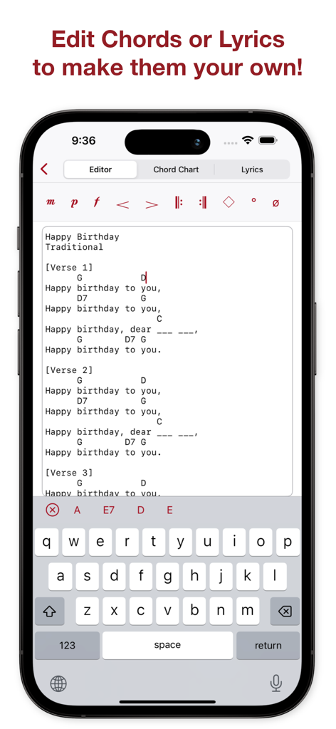 Chord Craft guitar chords tabs - Pantalla de smartphone que muestra el editor de Chord Craft para personalizar acordes y letras de canciones