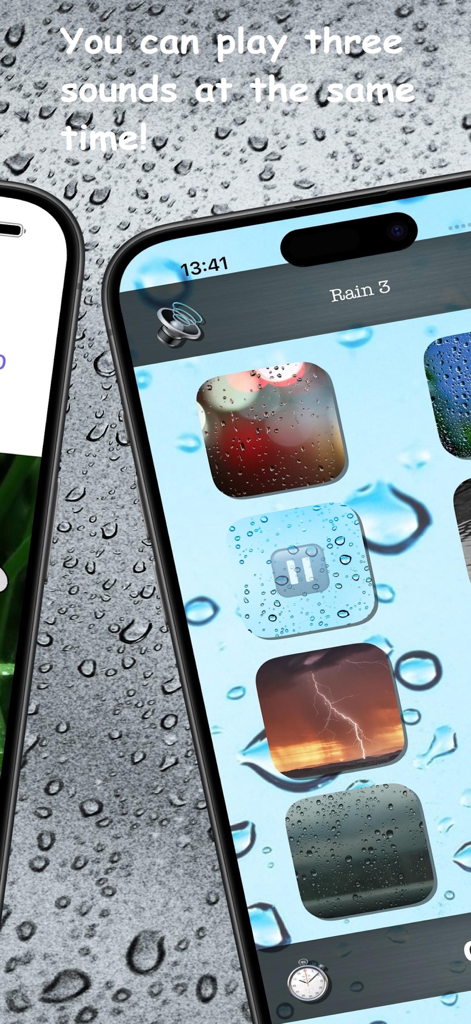 Rain Sounds | instantly sleep - Interfaz de la aplicación Sonidos de Lluvia mostrando una selección de iconos de sonidos naturales y un subtítulo sobre la reproducción de tres sonidos simultáneamente