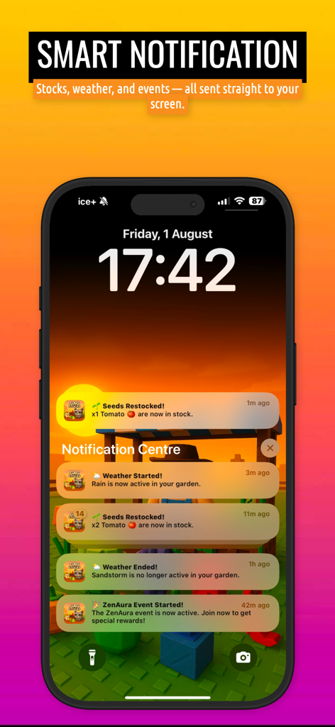 GAG Stocks - iPhone lock screen showing GAG Stocks notifications for seed restocks weather and events