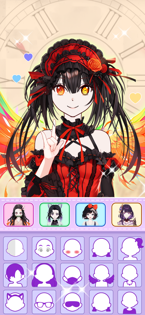 Anime Couple: Avatar Maker - Una pantalla de aplicación móvil para crear avatares de anime con un personaje femenino gótico y un menú de personalización