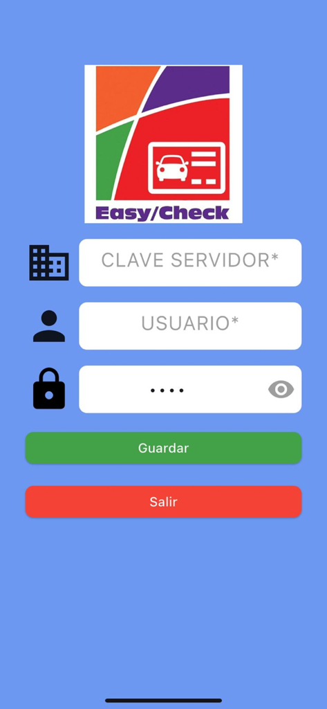 Easy/Check Fraccionamientos - Pantalla de inicio de sesión de Easy Check Fraccionamientos con campos de entrada para clave del servidor y nombre de usuario