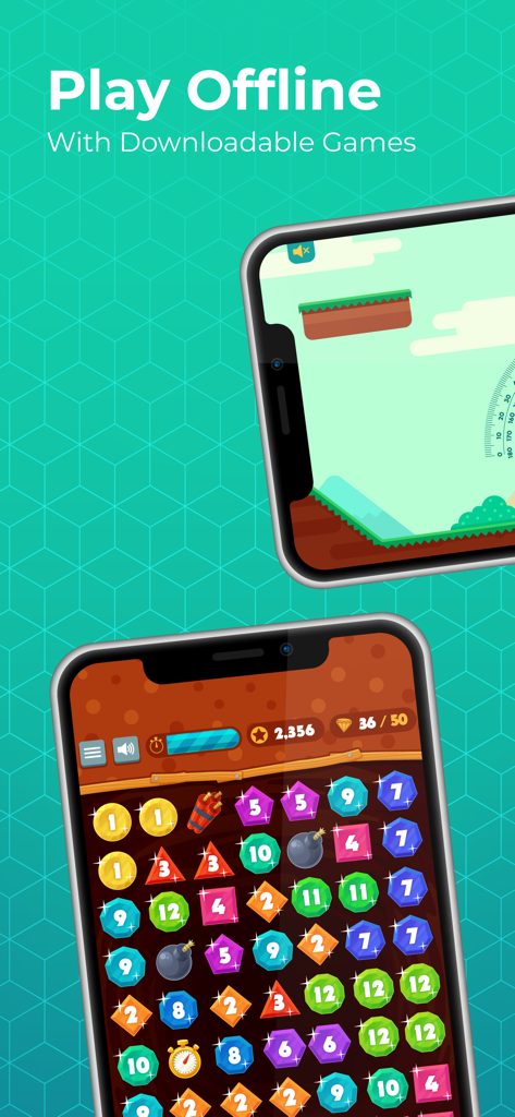 ABCya Games: Kids Learning App - Dos teléfonos inteligentes que muestran juegos educativos de la aplicación ABCya con el texto Juega sin conexión con juegos descargables