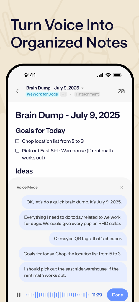 Mem – Your AI Thought Partner - A mobile interface showing the Mem app converting a voice transcript into a structured note with checklists and ideas.