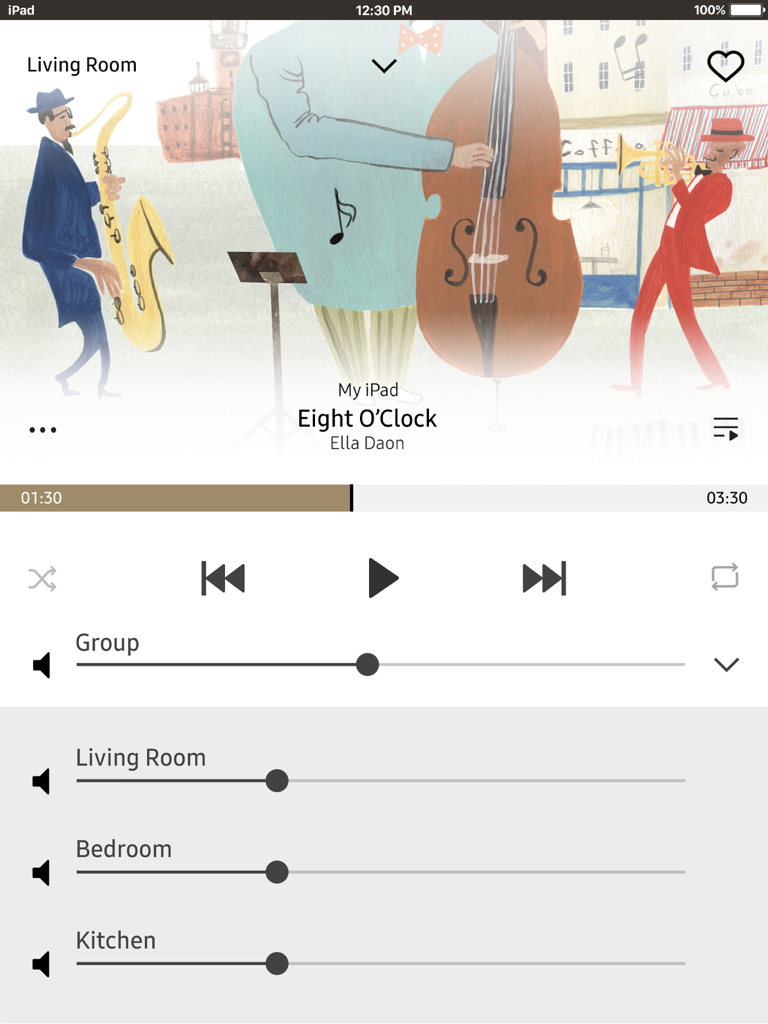 Samsung Wireless Audio Multiroom iPad app music player and multiroom volume controls