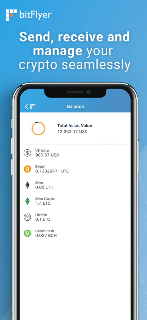 Pantalla de saldo de la aplicación bitFlyer que muestra el valor total de los activos y las tenencias de criptomonedas como Bitcoin y Ethereum