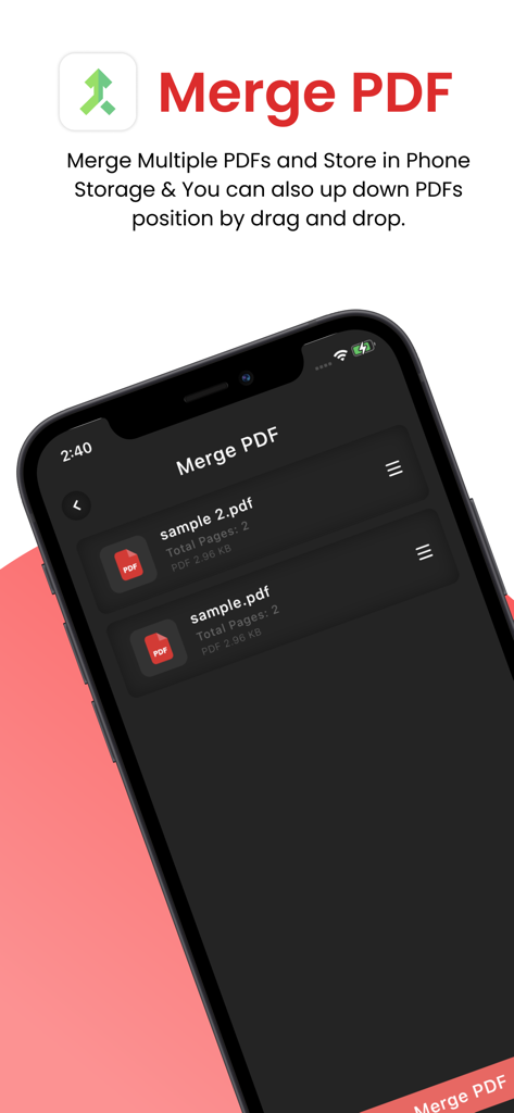 PDF Utils - Split,Merge & More - Interface of PDF Utils app showing the Merge PDF feature with a list of files and drag and drop reordering
