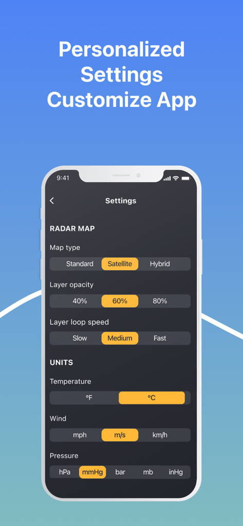 Meteo Radar Pro - Customization menu for radar map layers and weather units in Meteo Radar Pro