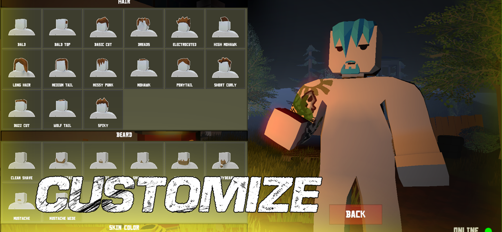 The Outlands 2 Zombie Survival - Menú de personalización de personajes en The Outlands 2 Zombie Survival que muestra opciones de cabello y barba para un personaje low-poly.