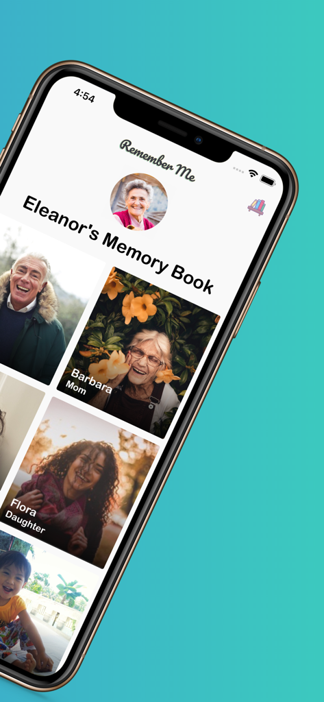 Remember Me: Memory Books - Interfaz de la aplicación Remember Me que muestra un libro de recuerdos digital con fotos familiares y etiquetas