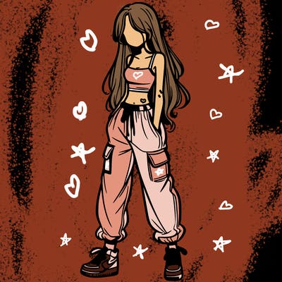 girl in baggy pants crop top and long hair
