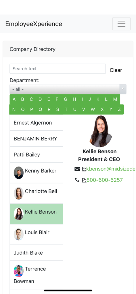 EmployeeXperience app company directory showing employee contacts and search filters