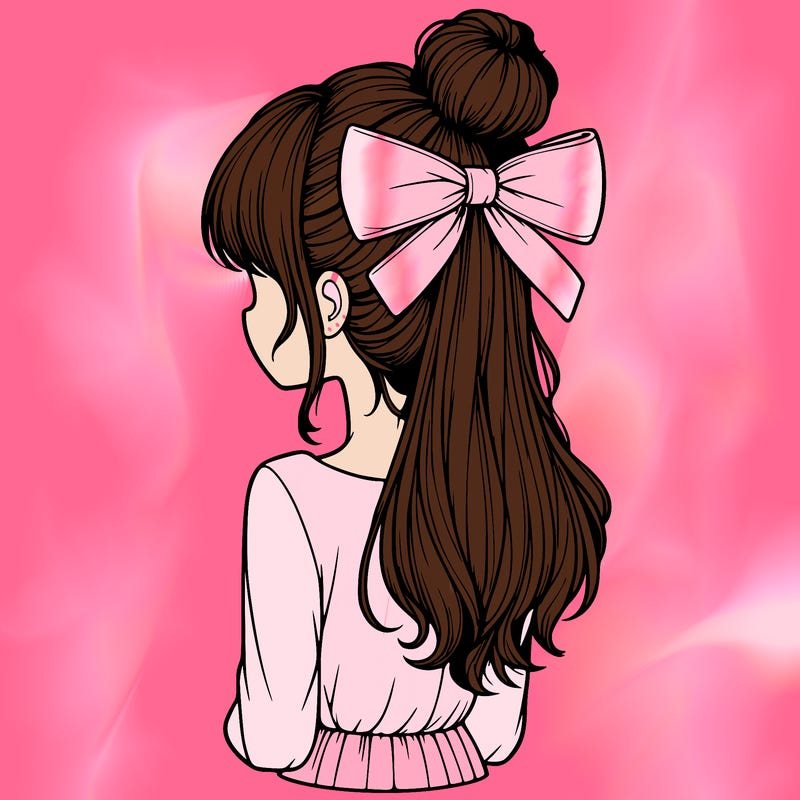 realistic girl  with hip length hair a bun and a big bow on the back of head