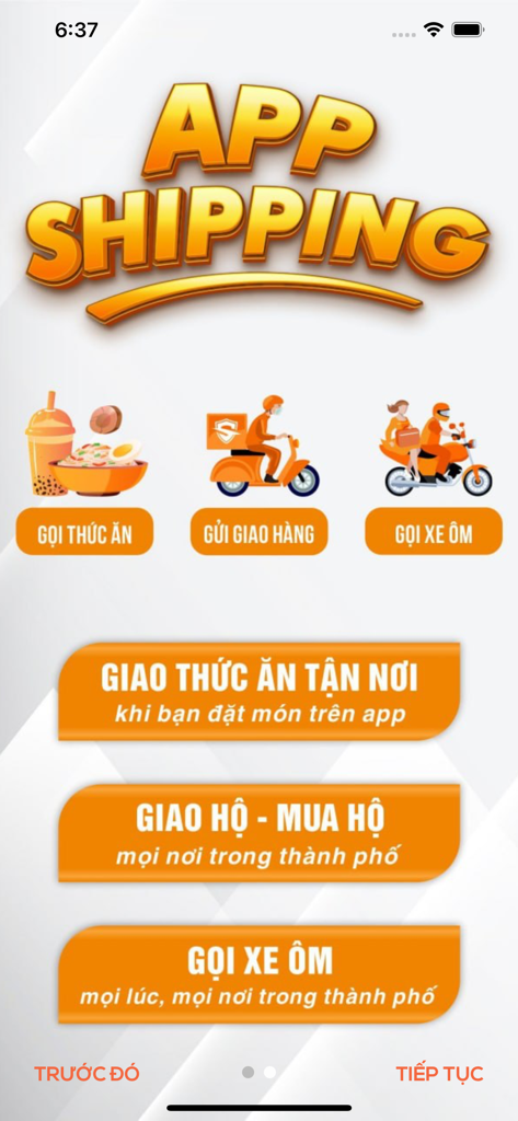 App Shipping - App Shippingのモバイルホームスクリーンのインターフェース。ベトナム語で、食品配達、荷物宅配便、バイクタクシーサービスオプションが表示されています。