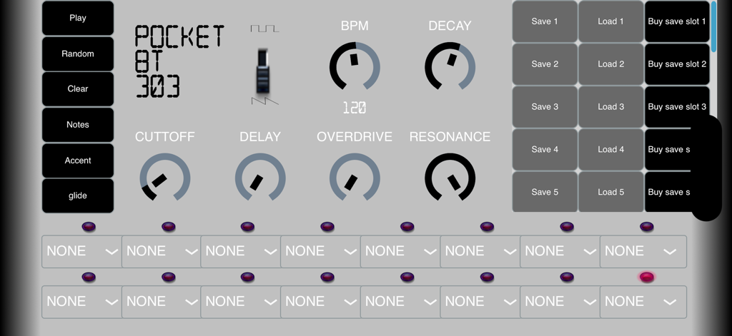 BT 303 Pocket - BT 303 Pocket app interface with knobs for cutoff resonance and overdrive controls