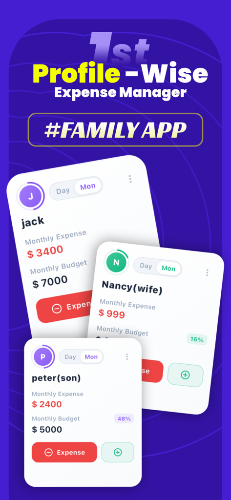 ListExpenser: Expense Tracker - ListExpenser app interface showing separate expense and budget profiles for family members Jack, Nancy, and Peter