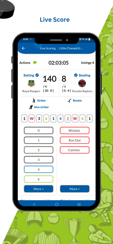 Interface de suivi des scores en direct de l'application mobile SportsPlus pour un match de jeunes montrant les scores et les statistiques