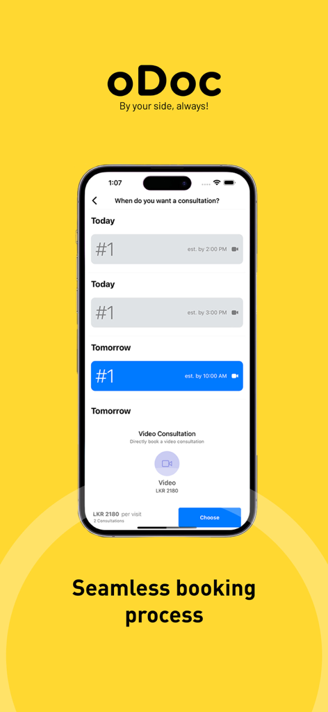 The oDoc app interface showing the seamless booking process for a video consultation.