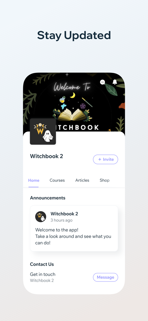 Witchbook 2 - La schermata principale dell'app Witchbook 2 con annunci della community e navigazione per corsi e articoli.