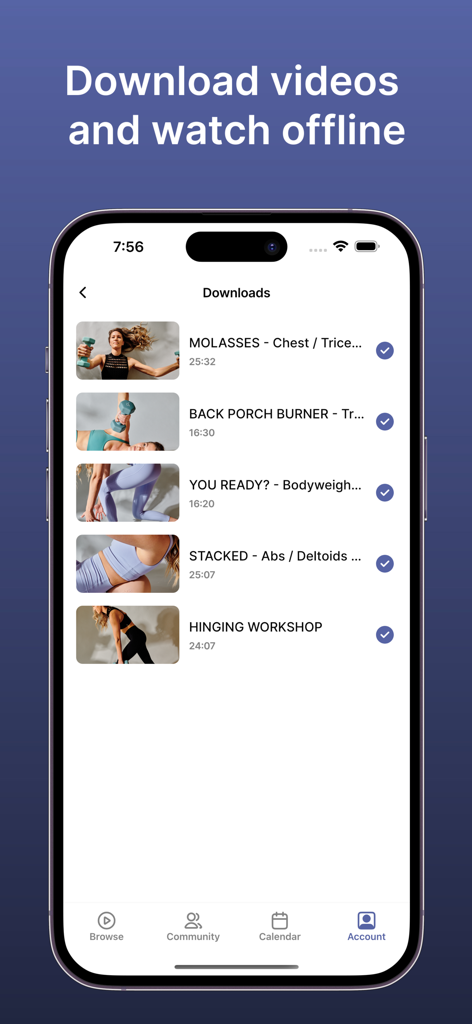 Loa Movement mobile app showing a list of downloaded fitness videos for offline viewing.