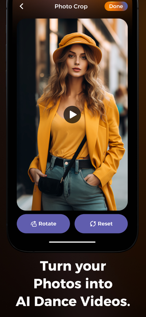 AI Dance Video - AI Face Dance - Screenshot of the MemeDance app showing a photo cropping screen for turning a portrait into an AI dance video