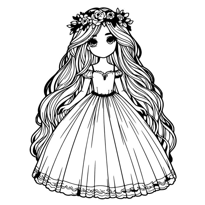 realistic girl wearing a big dress with really long hair and a flower crown
