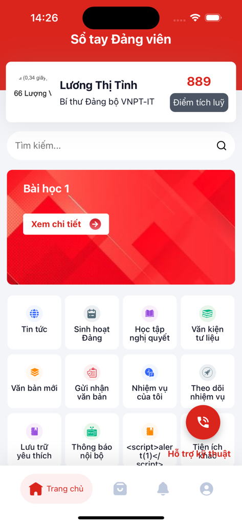 Haupt-Dashboard der vietnamesischen App 'Sổ tay Đảng viên' mit Benutzerprofil und Symbolen für Parteimitglieder-Dienstprogramme