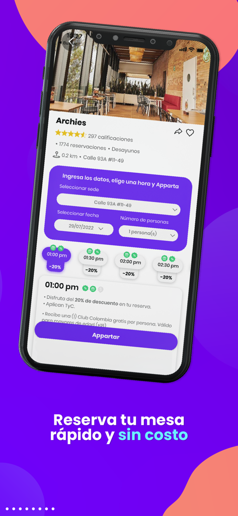 Apparta - Interface de l'application mobile Apparta montrant les détails de réservation du restaurant et les réductions basées sur l'heure.