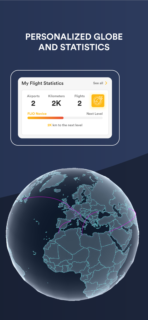 FLIO app interface showing personal flight statistics and a 3D globe with travel routes