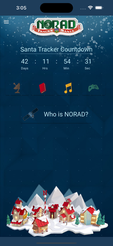 NORAD Tracks Santa Claus - Home screen of the NORAD Tracks Santa app featuring a countdown timer and festive activity icons.