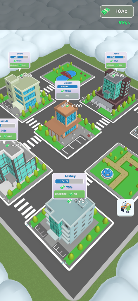 The Office Life 3D - Vista isométrica de edificios de oficinas y estadísticas de ingresos en el juego The Office Life 3d