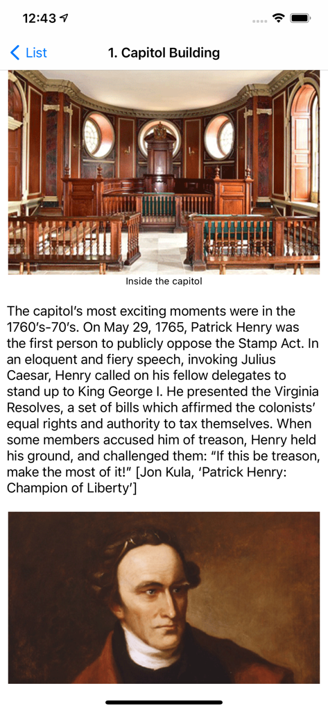 Colonial Williamsburg History - App screen featuring the interior of the Capitol Building and the history of Patrick Henry's speech