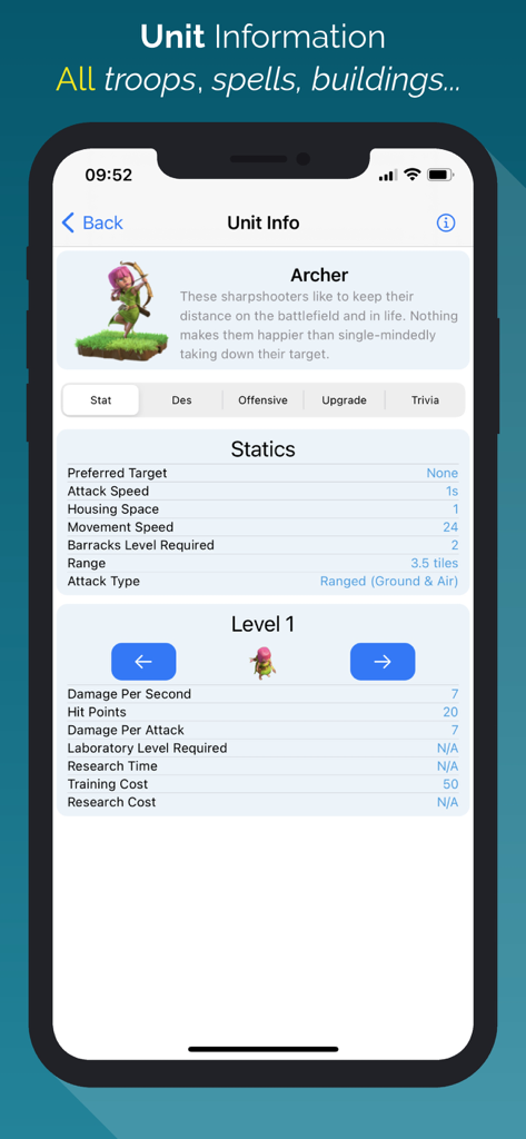 Maps for Clash Of Clans - Detailed Archer unit statistics and information screen within the Maps for Clash of Clans app.