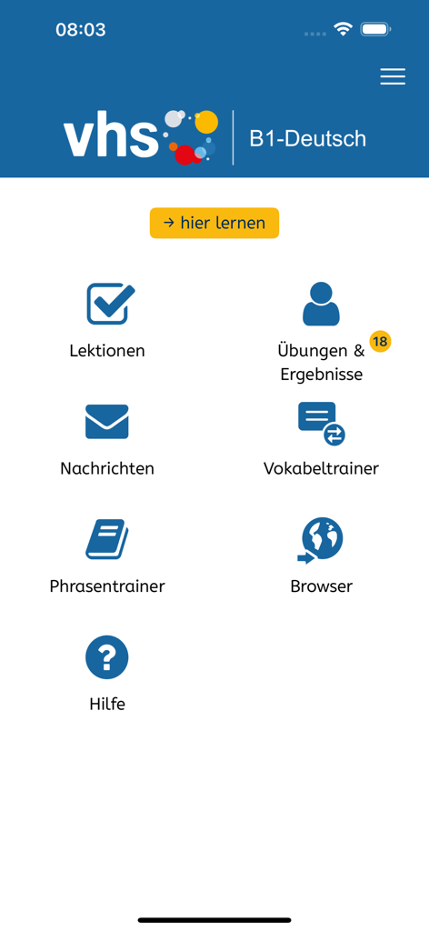 B1-Deutsch - Main menu interface of the B1-Deutsch German learning app with various study modules