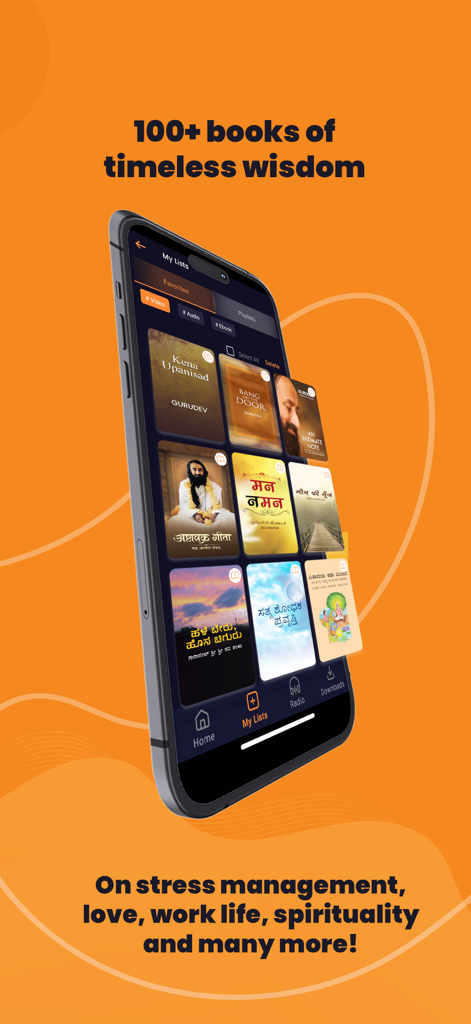 Art of Living: Meditation,Yoga - Pantalla de la aplicación móvil mostrando una colección de libros espirituales y de manejo del estrés.