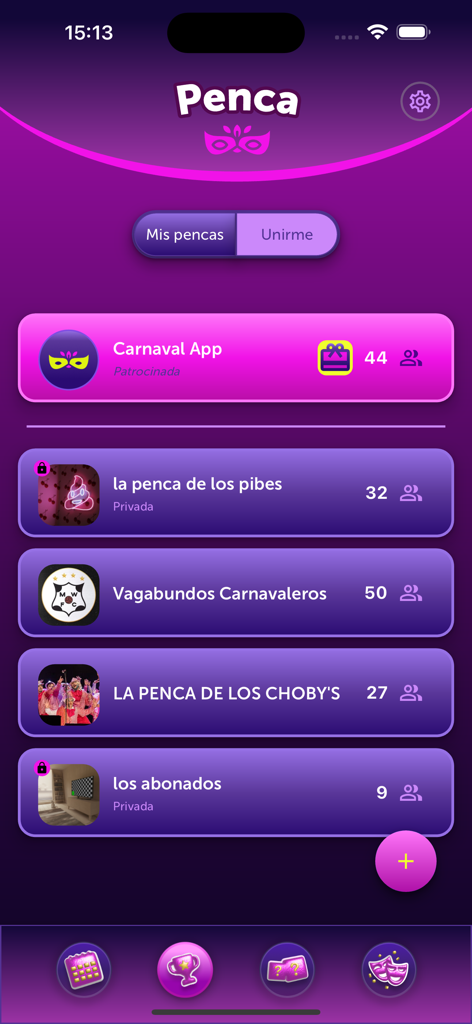 Carnaval App - Interface of the Carnaval App showing the Penca prediction game leagues list