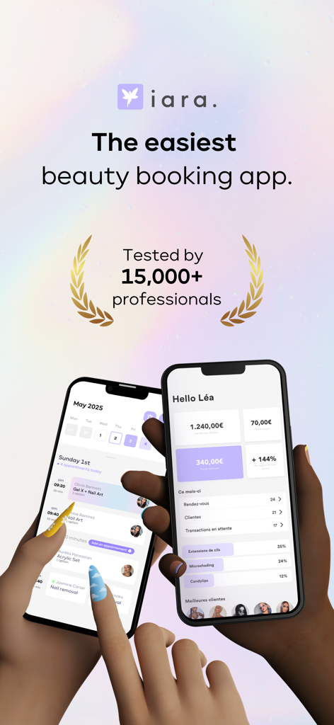 iara. - Iara Beauty Booking App zeigt den Zeitplan von Fachkräften und das Einnahmen-Dashboard