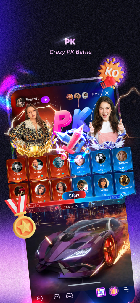 Xena - Group Voice Party - Crazy PK Battle screen in Xena app showing team competitions and rewards.