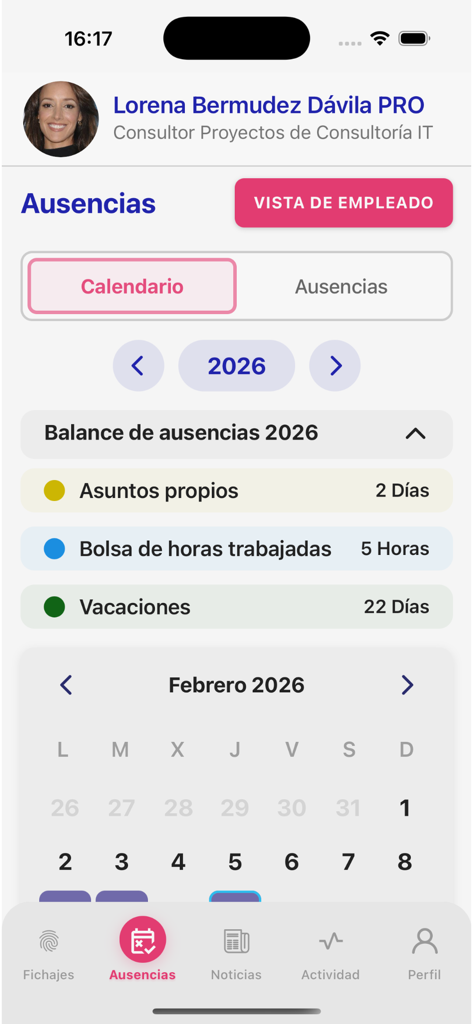 Employee absence management and vacation tracking screen