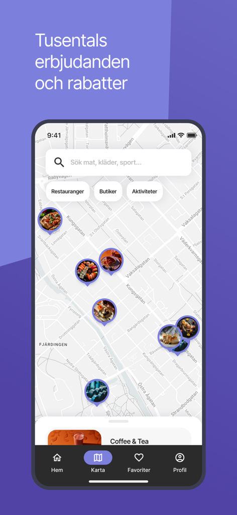 Map interface showing local dining and shopping discounts in the RC-Appen mobile application