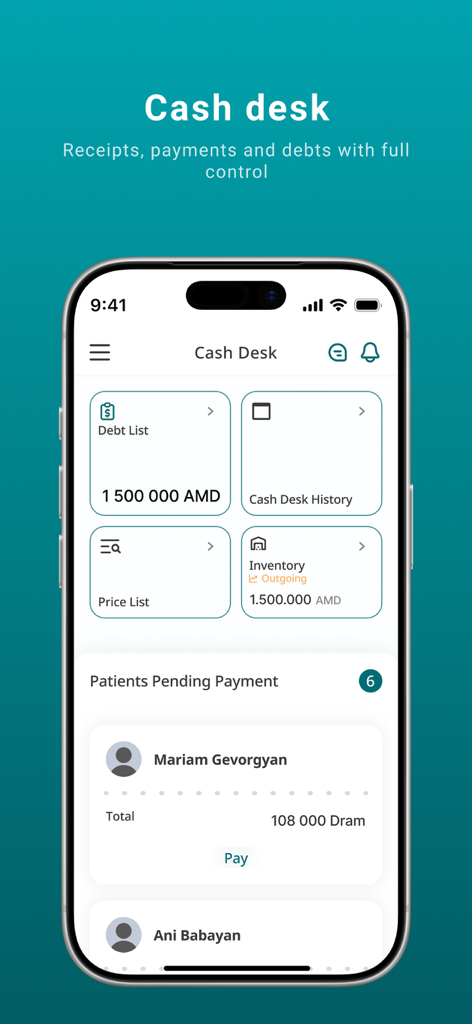 Dentax Soft - Dentax Soft mobile app cash desk interface showing debt list cash history and pending patient payments