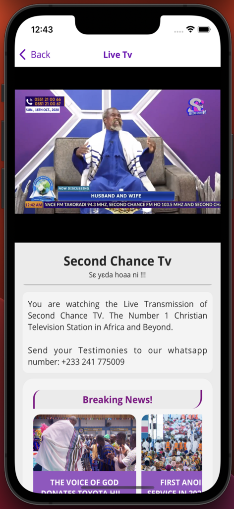 Live streaming interface of the Second Chance Tv app featuring a sermon and breaking news.