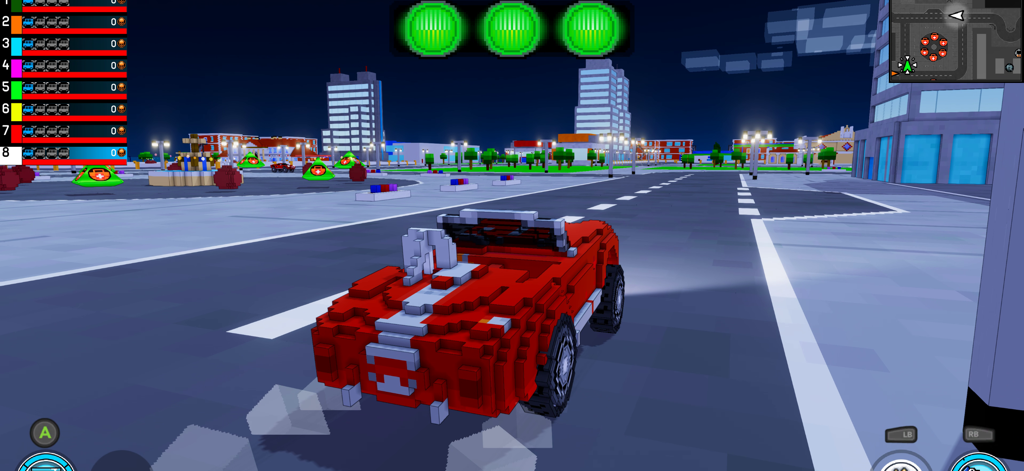 Carnage: Battle Arena - Red voxel-style car on a city street in Carnage Battle Arena