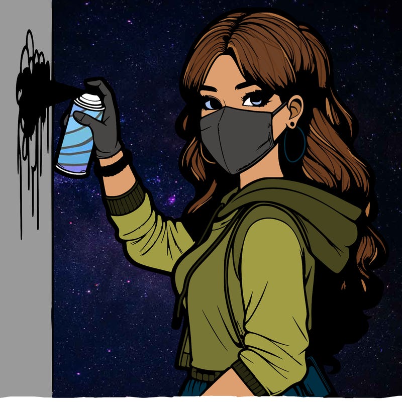 realistic girl with mask spray painting a wall