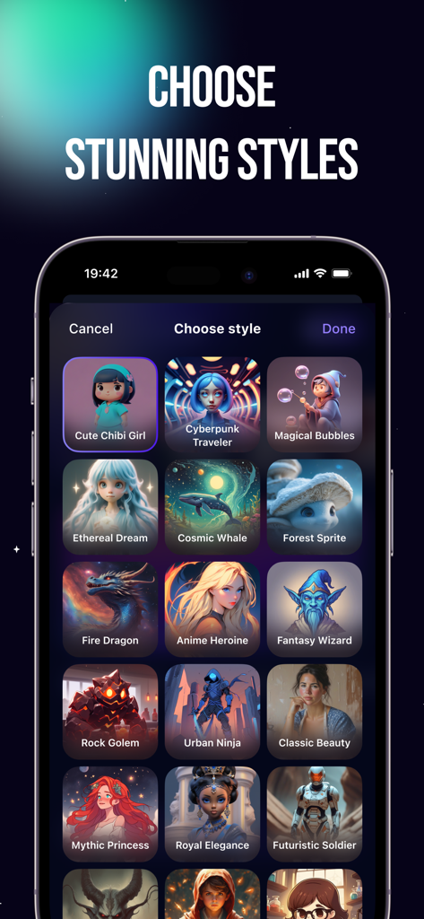 Imagine AI - Image generator - Una pantalla de smartphone que muestra varios estilos artísticos generados por IA como Cyberpunk, Anime y Fantasía dentro de la aplicación Imagine AI.