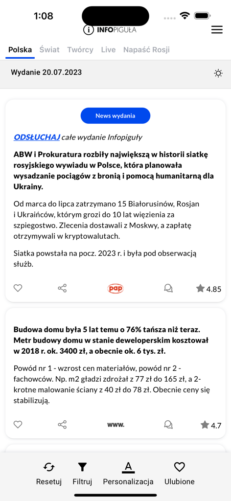 Infopiguła app interface displaying summarized news articles in Polish with a clean mobile layout