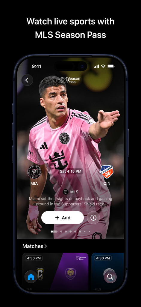 Interfaz de la aplicación Apple TV mostrando MLS Season Pass con el jugador de fútbol del Inter Miami, Luis Suárez